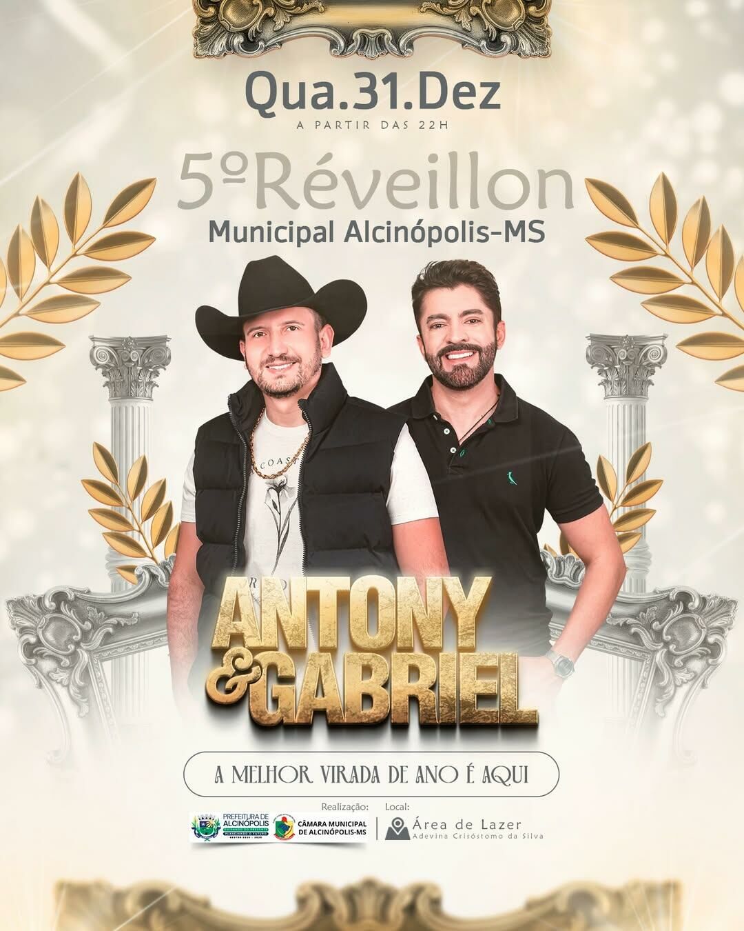 Imagem de compartilhamento para o artigo Prefeitura de Alcinópolis anuncia show de Antony & Gabriel no Réveillon Municipal 2025 da MS Todo dia